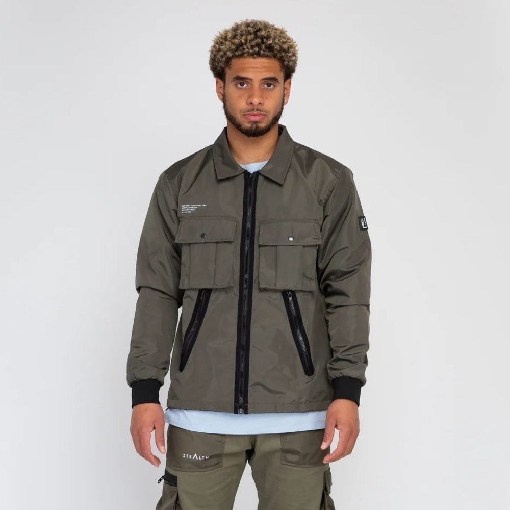 Stealth London Cargo Track Jacket Olive Green XL Nylon Zip Pockets Mens